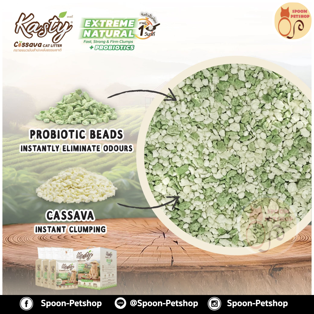 ทรายแมว Kasty แคสตี้ ทรายมันสำปะหลัง ทำจากธรรมชาติ แบบแท่งผสมเม็ดบีดส์ จับตัวเป็นก้อนเร็วภายใน 1 วินาที สูตร Extreme Natural นมหวาน (Sweet Milk) 6L