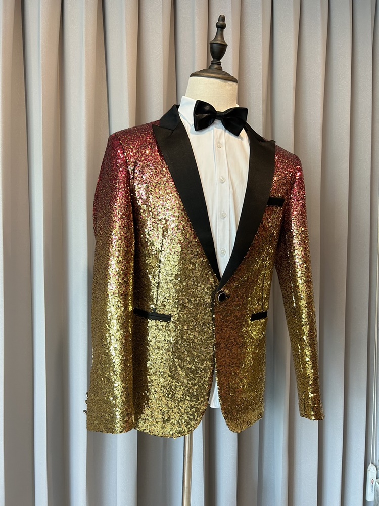 พร้อมเช่า เสื้อสูทชาย สูทแฟชั่น สูทกลิตเตอร์ ไล่สี สีชมพูทอง