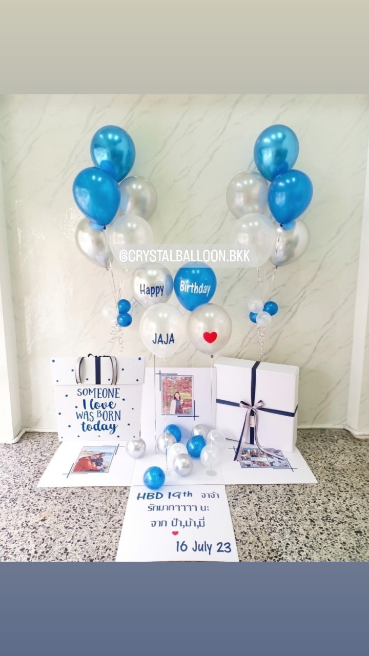 Happy Birthday Surprised Box กล่องเซอร์ไพรส์วันเกิด ลูกโป่ง 4 ลูก พร้อม ช่อลูกโป่ง ช่อ 5 ลูก 2 ช่อ,พร้อมตกแต่งสามารถใส่รูปได้ 3 ใบ สามารถเปลี่ยนสีลูกโป่ง/เปลี่ยนข้อความได้