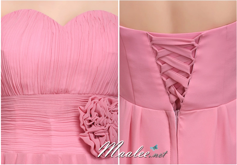 พร้อมส่ง ชุดราตรีสั้น แบบเกาะอก ผ้าชีฟอง ช่วงอกอัดพลีท แต่งดอกที่เอว สีชมพู