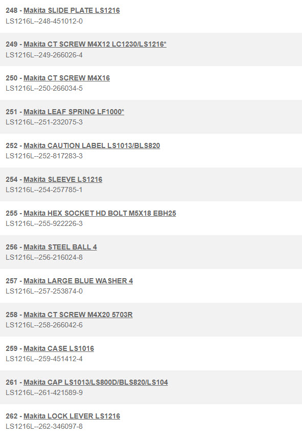 LS1216L, LS1016L แท่นตัดองศา Makita Spare Parts