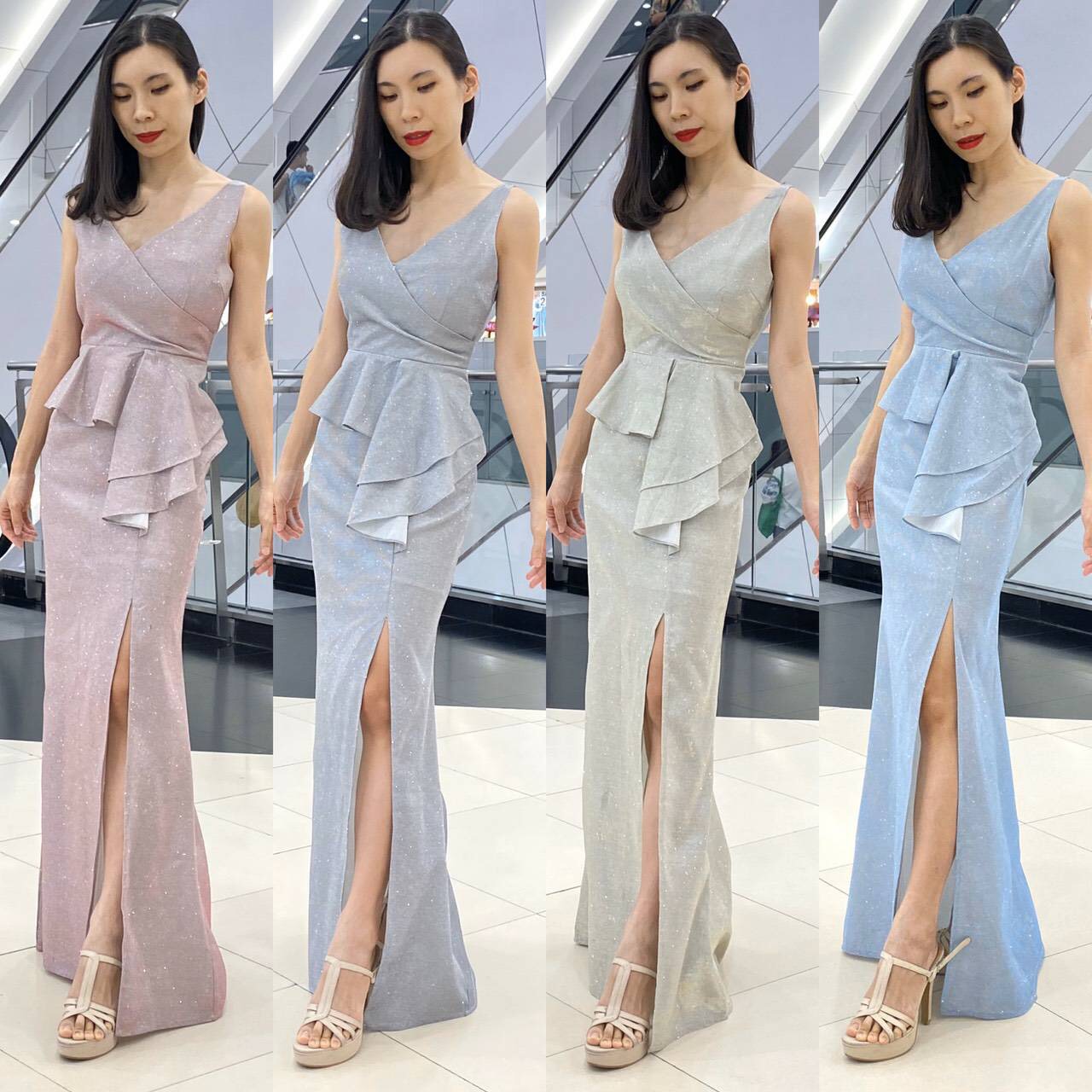 พร้อมเช่า ราตรียาว แขนกุด คอวี แต่งระบายช่วงเอว หรูหรา ผ้า Glitter สีเทา