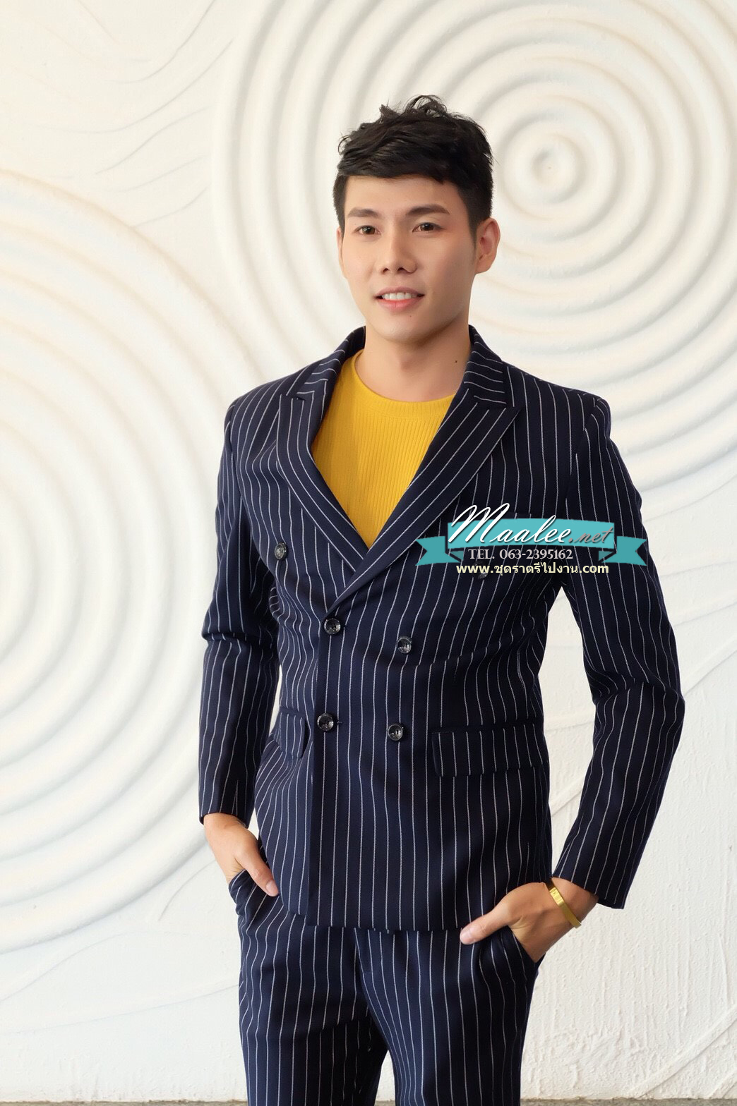 พร้อมเช่า ชุดสูทชาย สีกรมท่าลายทางเล็ก ** พร้อมเช่าไซส์ L , XL **