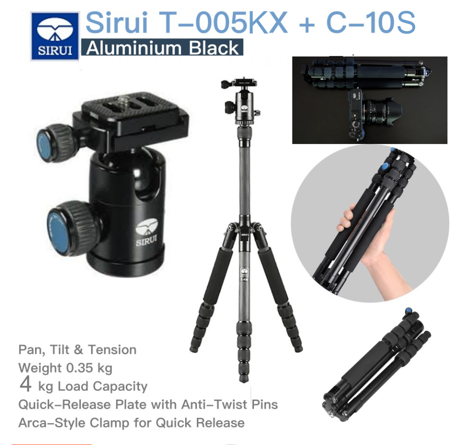 ขาตั้งกล้อง Sirui T-005KX Aluminium สีดำ C-10S(4kg) มาพร้อมหัวบอลเล็ก พกพาสะดวก น้ำหนักเบา เหมาะกับกล้อง Compact Mirrorless จัดส่งฟรี รับประกันศูนย์ 6 ปี
