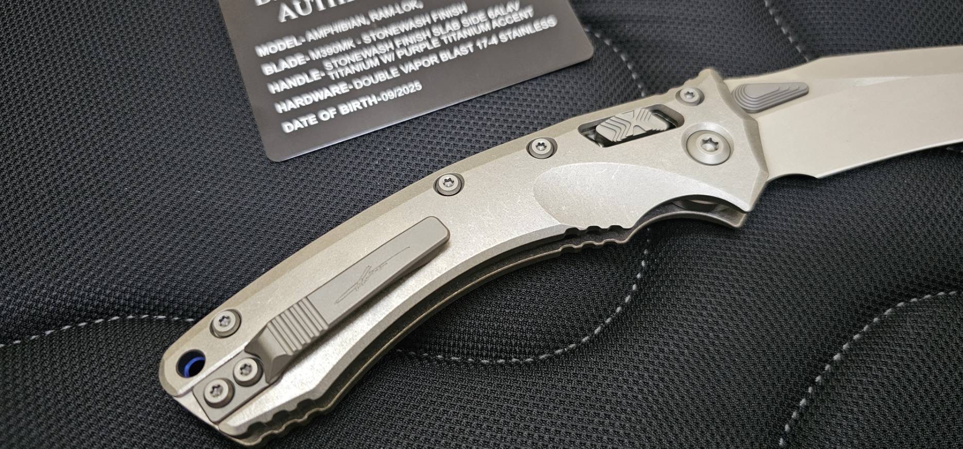 Microtech Marfione Select Amphibian RAM LOK Titanium Handles & Stonewash M390MK w/ Double Vapor Blast & Purple Accents