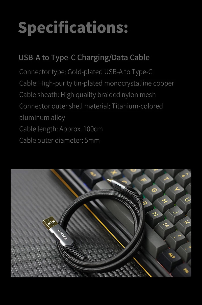 FiiO LA-TC1 สายชาร์จ/สายดาต้า USB TypeA เป็น TypeC สำหรับ เครื่องเสียง, DAC, PC, Smartphone