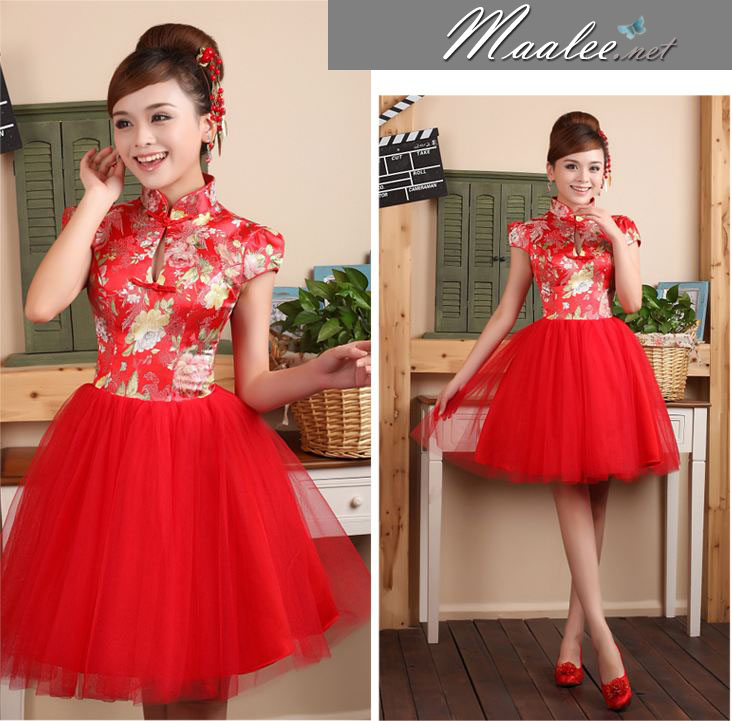 พร้อมเช่า ชุดแฟนซี ชุดราตรีสั้น ชุดตรุษจีน ชุดกี่เพ้า คอจีน กระโปรงตาข่ายพองสวย