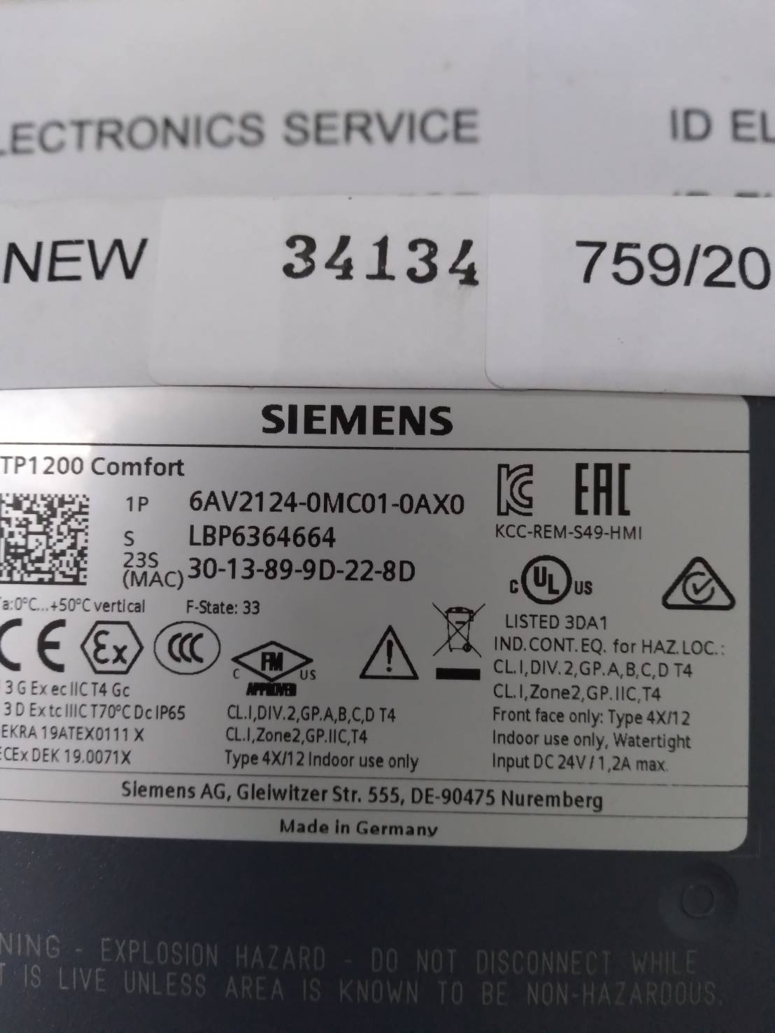 6AV2 124-0MC01-0AX0 HMI " SIEMENS "
