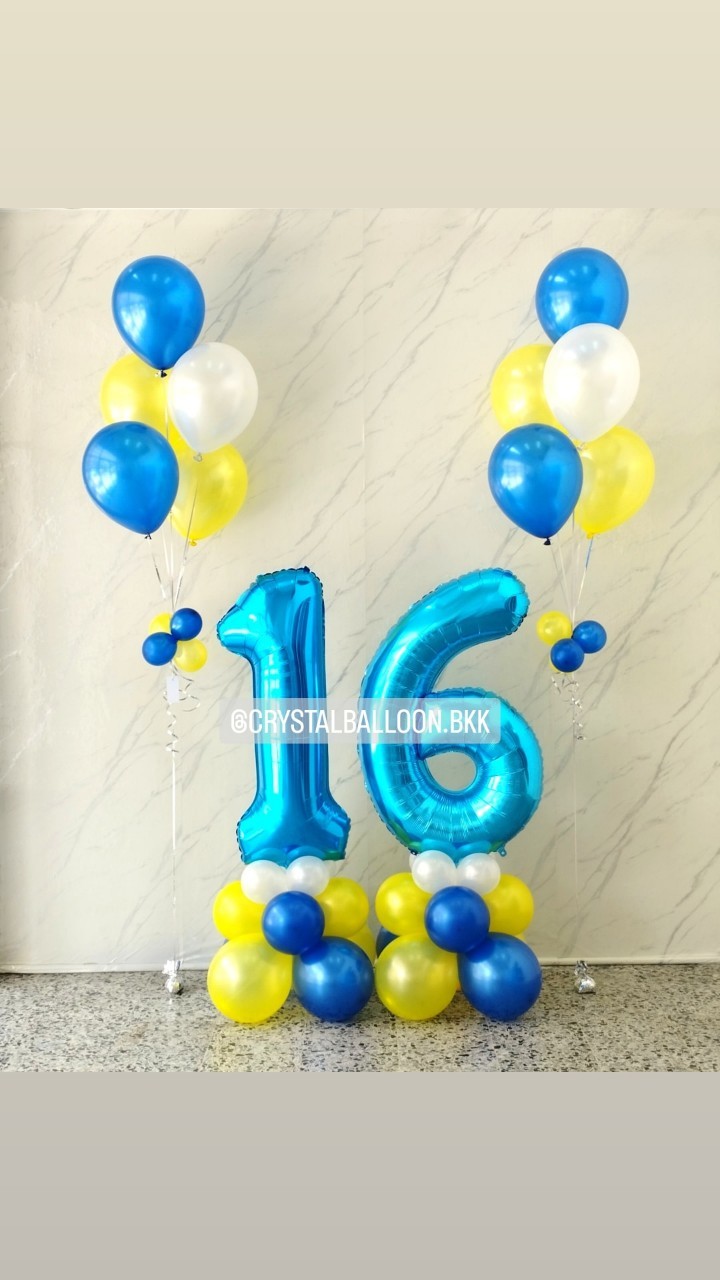 ลูกโป่ง วันเกิดเด็ก ฟอยล์ตัวเลข ขนาด 40" ตั้งฐาน 2 ชิ้น พร้อม ช่อลูกโป่ง ช่อ 5 ลูก 2 ช่อ Theme สีน้ำเงิน-เหลือง พร้อมตกแต่ง สามารถเปลี่ยนสีลูกโป่ง/เปลี่ยนสี-ฟอยล์ตัวเลขได้