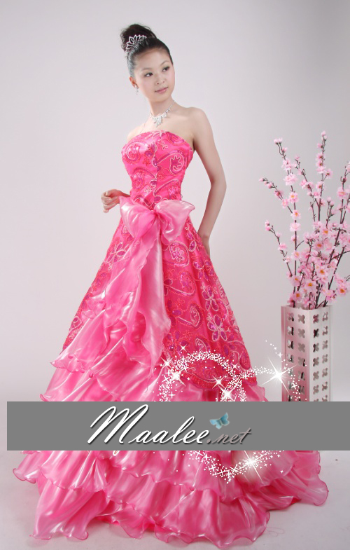 พร้อมเช่า ชุดแฟนซี ชุดราตรียาว เกาะอก สีโอโรส ผ้าแก้วพิมพ์ลายสวย กระโปรงแต่งระบาย