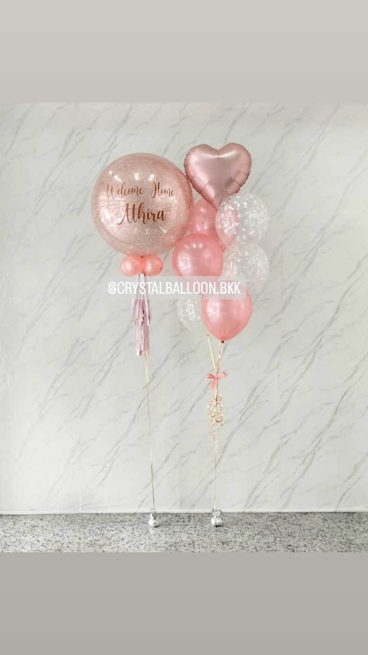 ลูกโป่ง Welcome Home Bubble ขนาด 24" กลิตเตอร์สีโรสโกล 1 ลูก พร้อม ช่อลูกโป่งฟอยล์หัวใจ ขนาด 18" ช่อ 7 ลูก 1 ช่อ พร้อมตกแต่ง สามารถเปลี่ยนสีลูกโป่ง/เปลี่ยนข้อความ/เปลี่ยนขนาด/เปลี่ยนสี-ฟอยล์ตกแต่งได้