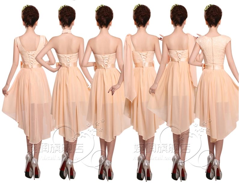 พร้อมส่ง ชุดราตรีสั้น ชุดเพื่อนเจ้าสาว สีครีมไข่ แบบ F แขนกุด หน้าสั้นหลังยาว แต่งลูกไม้ช่วงอก คาดโบว์ที่เอว (ซิปหลัง) สำเนา