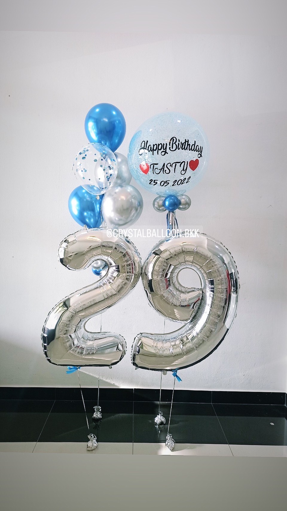 ลูกโป่ง วันเกิด Bubble ขนาด 24" Theme สีฟ้า พร้อม ช่อลูกโป่ง ช่อ 5 ลูก 1 ช่อ ฟอยล์ตัวเลข ขนาด 40" 2 ชิ้น พร้อมตกเเต่ง สามารถเปลี่ยนสีลูกโป่ง/เปลี่ยนสี-ฟอยล์ตัวเลข/เปลี่ยนข้อความ/เปลี่ยนขนาดได้