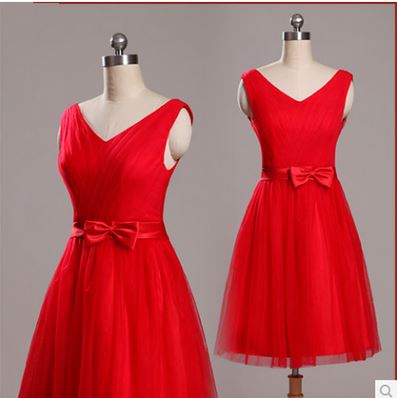 พร้อมส่ง ชุดราตรีสั้น แขนกุด สีแดง คอวี จับจีบผ้าโปร่งสวย แต่งโบว์ที่เอว