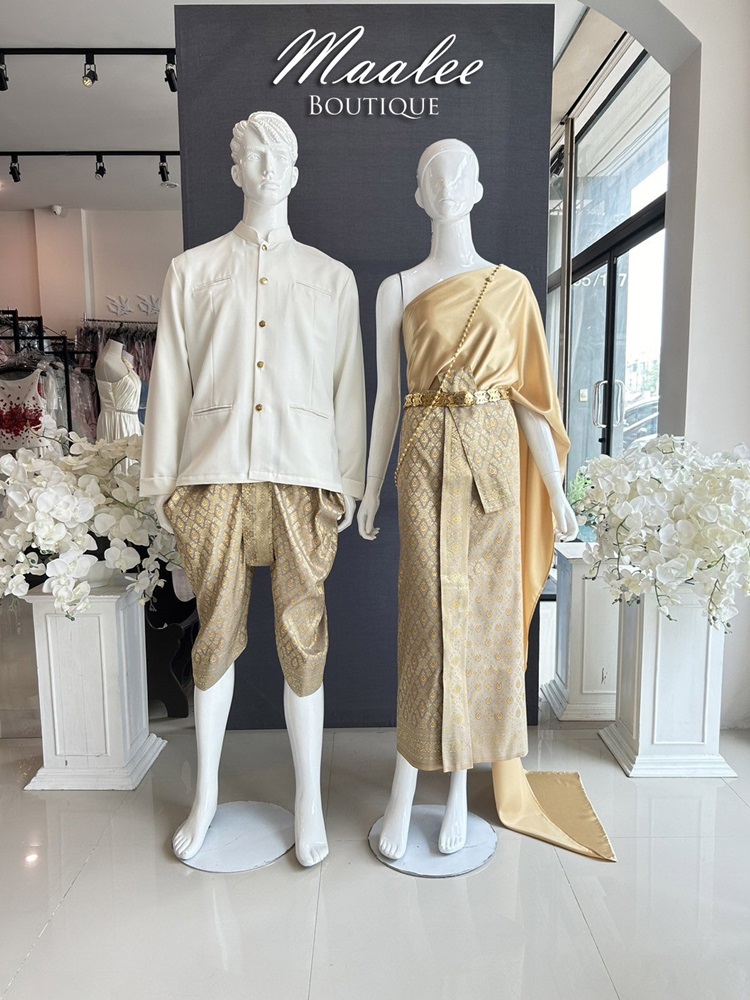 เช่า ชุดไทย ชุดเพื่อนเจ้าสาว ชุดไทยผ้าถุงสีเทาชาทอง สไบสีทอง