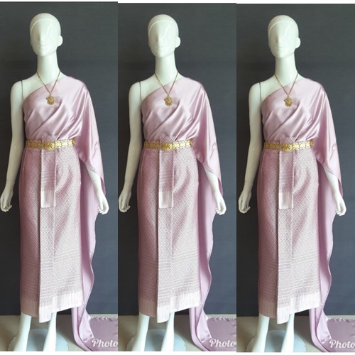 ชุดไทย ชุดเพื่อนเจ้าสาว ชุดไทยผ้าซิ่นสีม่วง สไบเรียบสีกะปิ