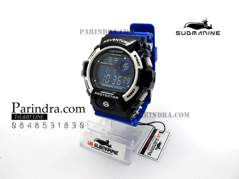 นาฬิกา US submarine TP1329M สีน้ำเงิน-ขาว พื้นหลังน้ำเงิน ระบบดิจิตอล สายซิลิโคนผิวมัน