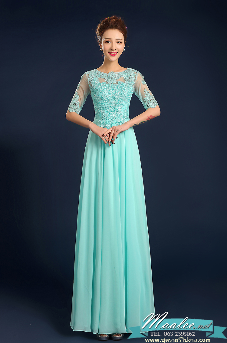 พร้อมเช่า ชุดราตรียาว/แขนสี่ส่วน สีฟ้า ช่วงอกเป็นลูกไม้ แขน-ด้านหลังซีทรู เรียบหรู กระโปรงผ้าชีฟอง (ซิปหลัง)