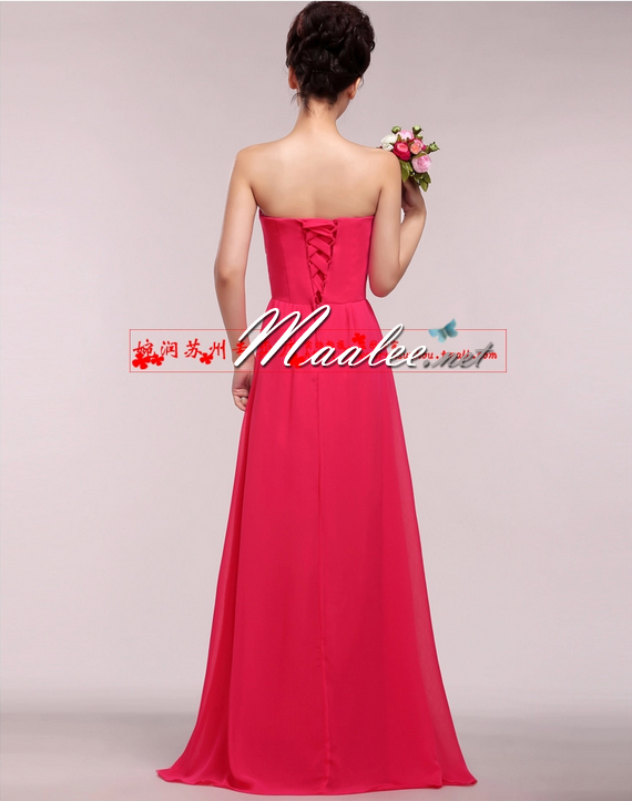 พร้อมส่ง ชุดราตรียาว แบบเกาะอก ผ้าชีฟอง ช่วงอกอัดพลีท แต่งดอกที่เอว สีโอโรส