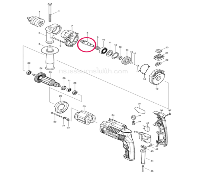 แกนเฟือง, แกนจับใบ สว่านกระแทก Maktec- Makita MT811, MT813, MT814, HP1630, M8100, M8100B Pn.324223-9 (แท้) #H12