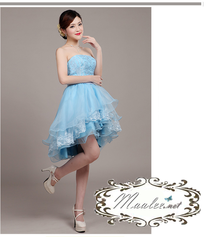 พร้อมเช่า ชุดราตรีสั้น เกาะอก แต่งลูกไม้กระโปรง3ชั้น ผ้าแก้ว ผ้าคาดเอวซาติน หน้าสั้นหลั้งยาว สีฟ้า