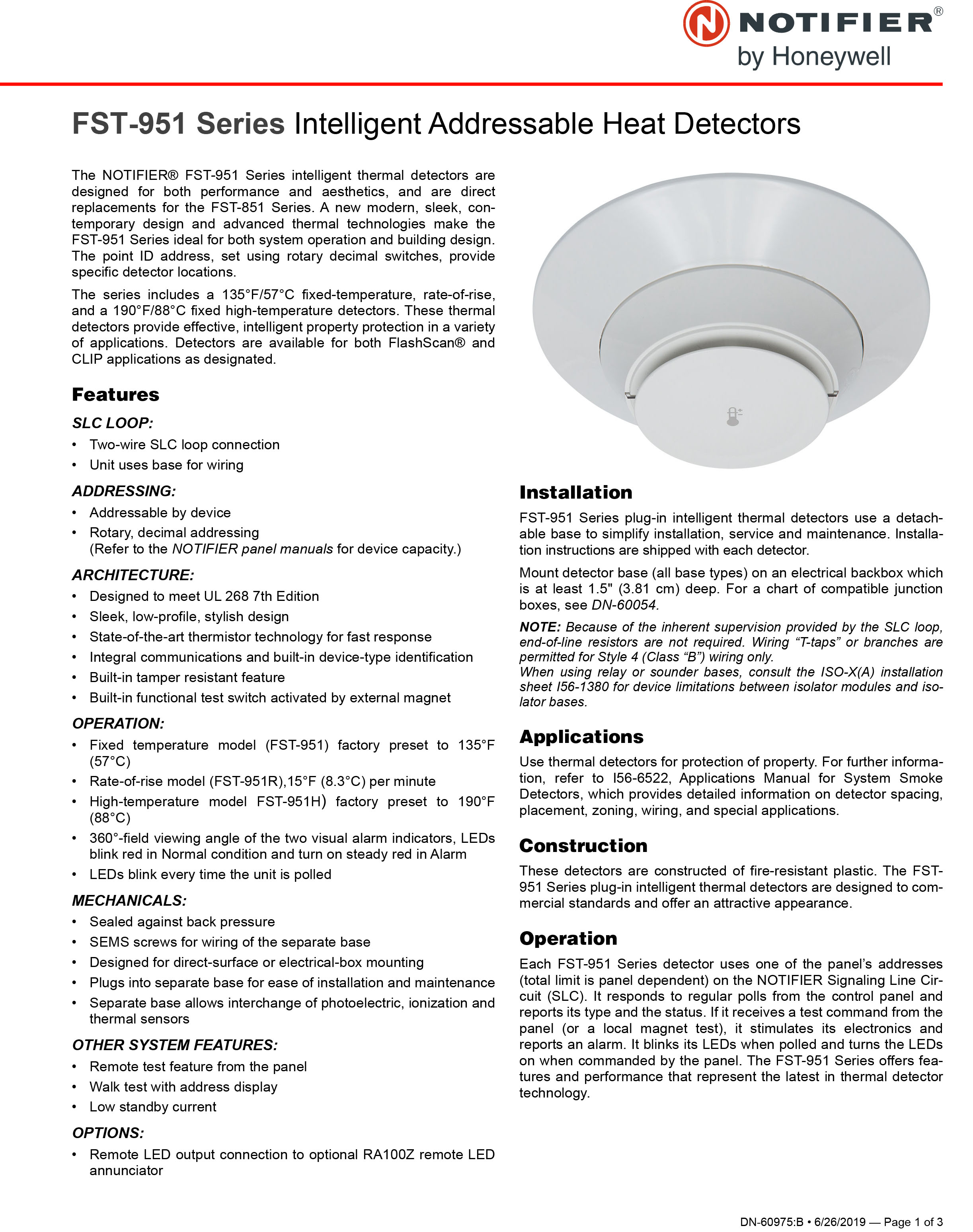 "NOTIFIER" FST-951-IV Ivory, low-profile 135°F fixed thermal sensor Addressable Heat Detectors UL/FM Standard