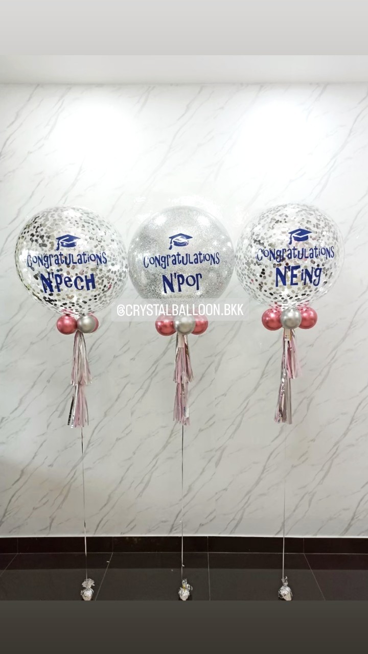 ลูกโป่ง รับปริญญา Bubble ขนาด 24" สีเงิน 3 ลูก พร้อมตกแต่ง สามารถเปลี่ยนสีลูกโป่ง/เปลี่ยนข้อความ/เปลี่ยนขนาดได้