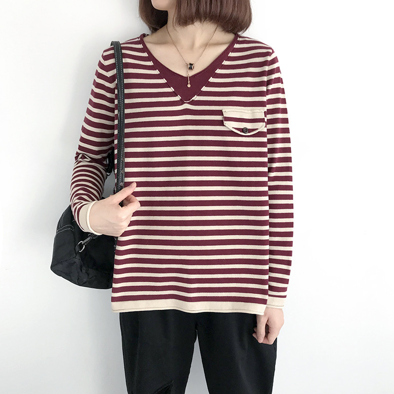 เสื้อยืดไหมพรมลายทางคอวี