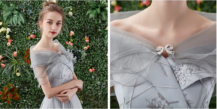 เสื้อคลุมชุดราตรี ผ้าแก้วออกันซ่า สีเทา พร้อมตะขอเพชรรูปโบว์