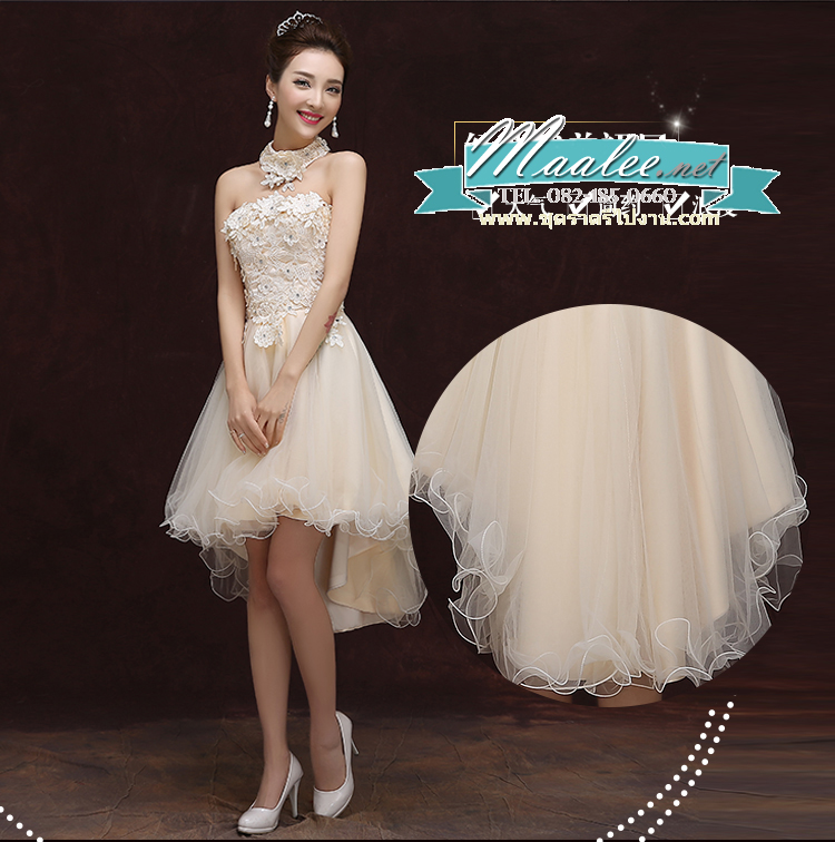 พร้อมเช่า ชุดราตรีสั้น เกาะอก ลูกไม้ หน้าสั้นหลังยาว สีเทา พร้อมสร้อยคอลูกไม้ ถอดแยกได้