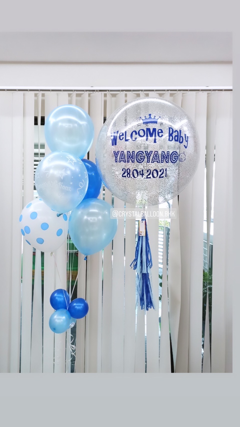 ลูกโป่ง Welcome Baby Bubble ขนาด 24" Theme สีฟ้า พร้อมตกแต่ง ช่อลูกโป่ง 5 ลูก 1 ช่อ สามารถเปลี่ยนสีลูกโป่ง/เปลี่ยนข้อความ/เปลี่ยนขนาดได้