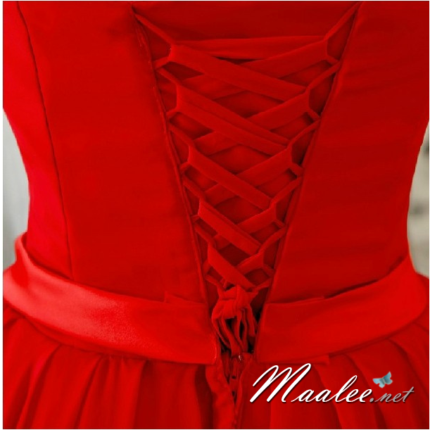 พร้อมเช่า ชุดราตรีสั้น เกาะอก หน้าสั้นหลังยาว คอจับเดรปรูปหัวใจ สีแดง