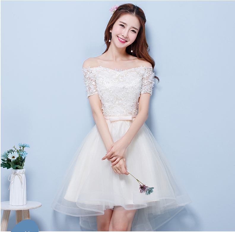 พร้อมเช่า เดรสขาว พรีเวดดิ้ง สวยหวาน กระโปรงตาข่าย ตัวชุดลูกไม้&แต่งโบว์ช่วงเอว (ซิปหลัง)