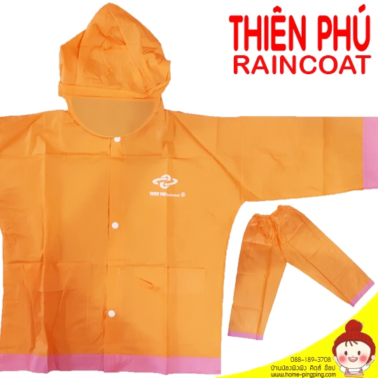 เสื้อกันฝน+กางเกงกันฝน Thien Phu สีส้ม (มีเชือกรัดหมวก มีกระเป๋าเก็บเสื้อ) เนื้อหนาปานกลาง เบา นิ่ม ใส่สบาย ยี่ห้อ Thien Phu