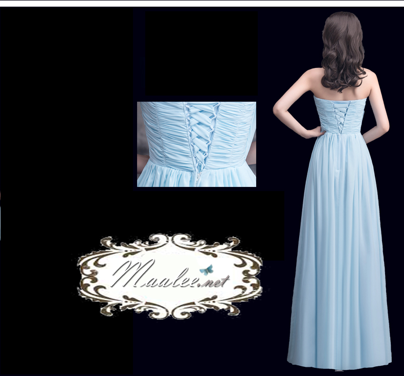 พร้อมส่ง ชุดราตรียาว สีฟ้า ชุดเพื่อนเจ้าสาว Blue-003C เกาะอกผ้าชีฟอง อกจับจีบ เพิ่มดอกตรงเนินอก ช่วยเสริมหน้าอก