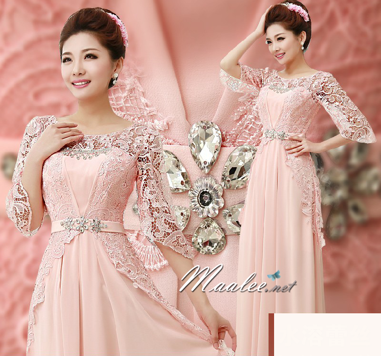 พร้อมเช่า ชุดราตรียาว สี ฟ้าเข้ม แขนสามส่วน แต่งลูกไม้ จับเดรปทรงนาฬิกาทราย (L-3XL)