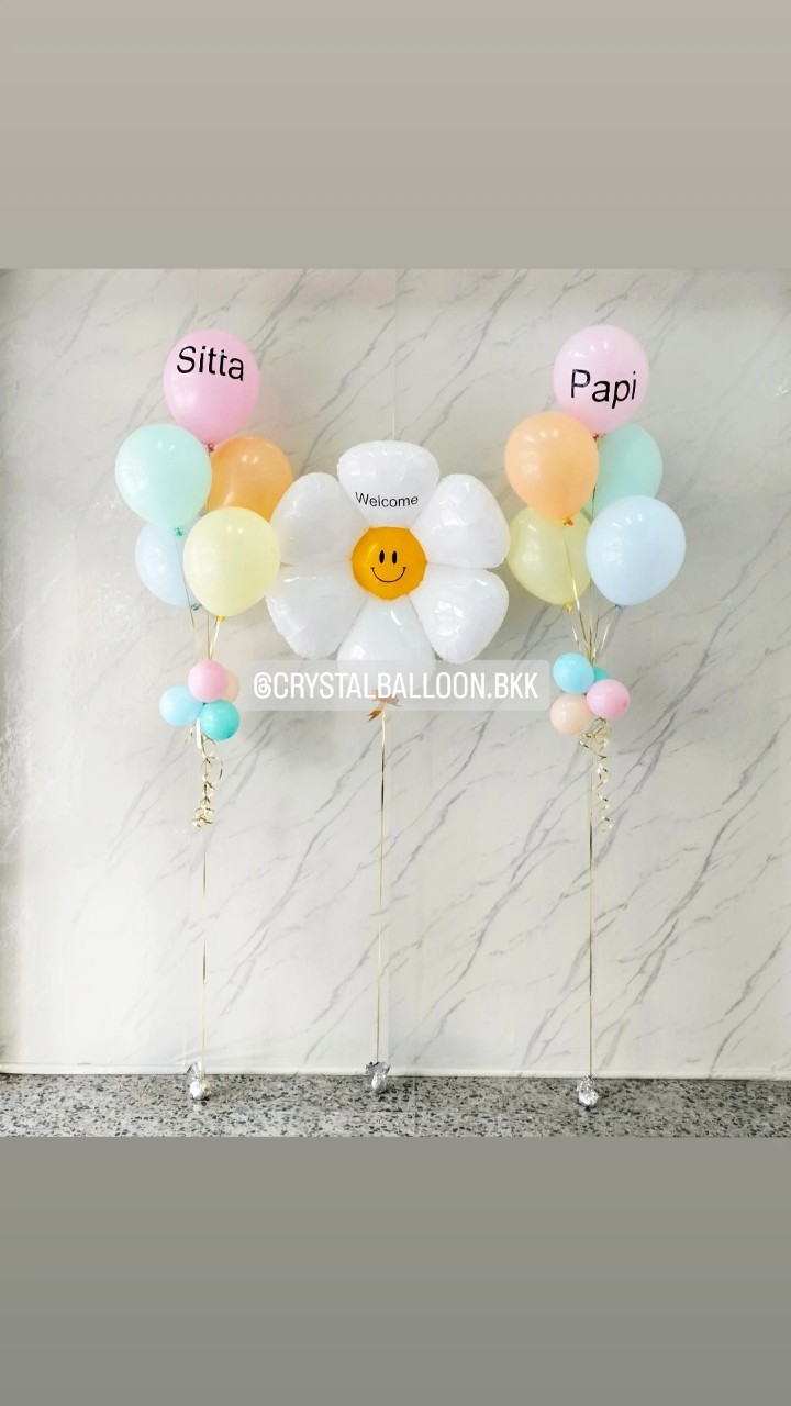 ลูกโป่ง Welcome Baby ฟอยล์ดอกเดซี่ ตั้งเดี่ยว 1 ชิ้น พร้อม ช่อลูกโป่ง ช่อ 5 ลูก 2 ช่อ Theme สีพาสเทล พร้อมตกแต่ง สามารถเปลี่ยนสีลูกโป่ง/เปลี่ยนข้อความ/เปลี่ยนฟอยล์ตกแต่งได้