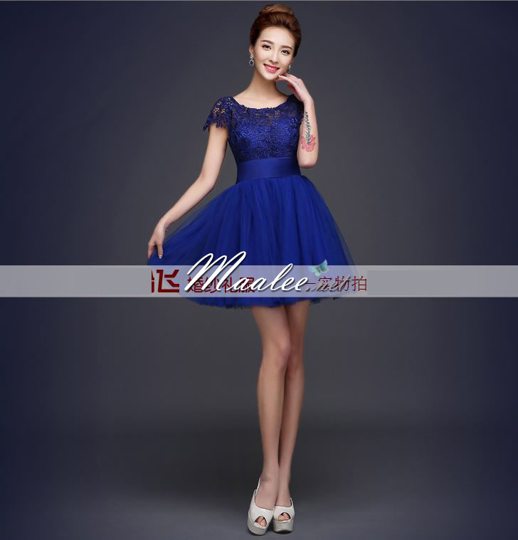 พร้อมเช่า ชุดราตรีสั้น เพื่อนเจ้าสาว แบบ A แขนสั้น ลูกไม้ ผ้าคาดเอวซาติน (ซิปหลัง)