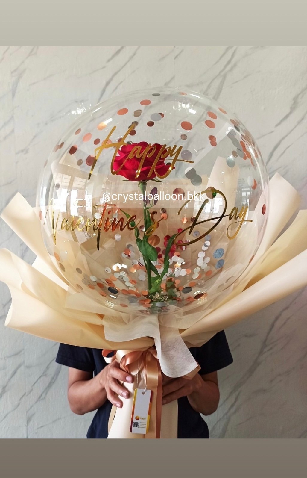 Flower Balloon ช่อใหญ่ ดอกกุหลาบประดิษฐ์ 1 ดอก Bubble ขนาด 18" พร้อมตกแต่ง , สามารถใส่เงินได้ 30 ใบ สามารถเปลี่ยนข้อความ/เปลี่ยนสีได้