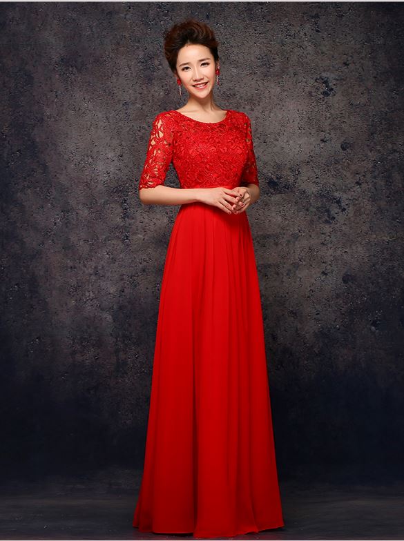 พร้อมเช่า ชุดราตรียาว สีแดง แขนสามส่วน ลูกไม้ฉลุ กระโปรงผ้าชีฟอง