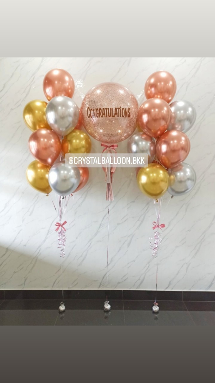 ลูกโป่ง แสดงความยินดี Bubble ขนาด 24" กลิตเตอร์สีโรสโกล พร้อม ช่อลูกโป่งสีโครเมี่ยม ช่อ 10 ลูก 2 ช่อ พร้อมตกแต่ง สามารถเปลี่ยนสีลูกโป่ง/เปลี่ยนข้อความ/เปลี่ยนขนาดได้