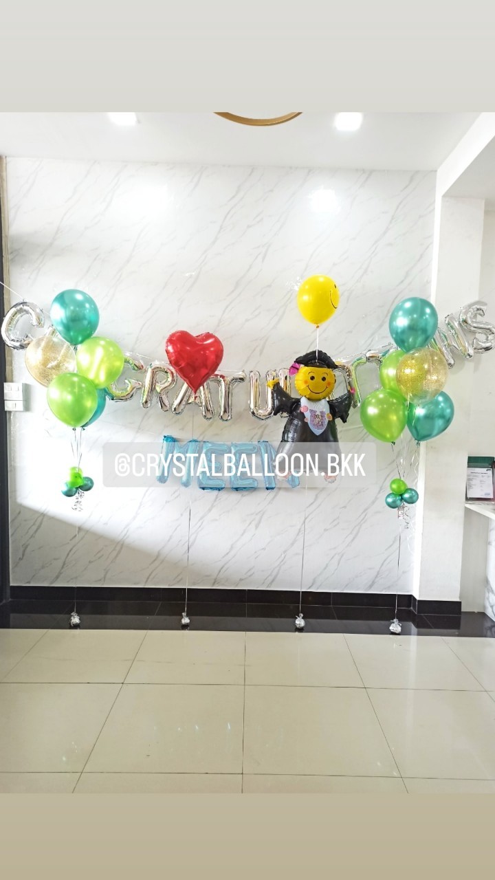 ลูกโป่ง รับปริญญา ฟอยล์อักษร ขนาด 16" 19 ตัวอักษร พร้อม ช่อลูกโป่ง 5 ลูก 2 ช่อ พร้อมตกแต่ง ฟอยล์ตกแต่ง 1 ชิ้น,ฟอยล์หัวใจ ขนาด 18" 1 ตั้งพื้น / วางเดี่ยว 1 ชิ้น สามารถเปลี่ยนสีลูกโป่ง/เปลี่ยนสี-ฟอยล์ตัวอักษร/เปลี่ยนฟอยล์ตกแต่งได้