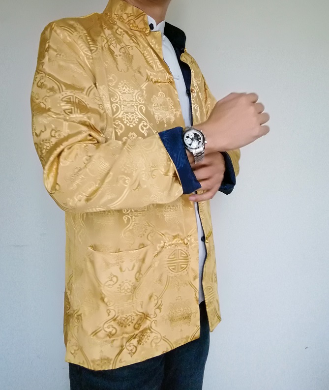 พร้อมส่ง (สินค้าตัวโชว์) ชุดจีน ชาย เสื้อคอจีน ผ้าแพร สีทอง / น้ำเงิน ใส่ได้สองด้าน (XL)