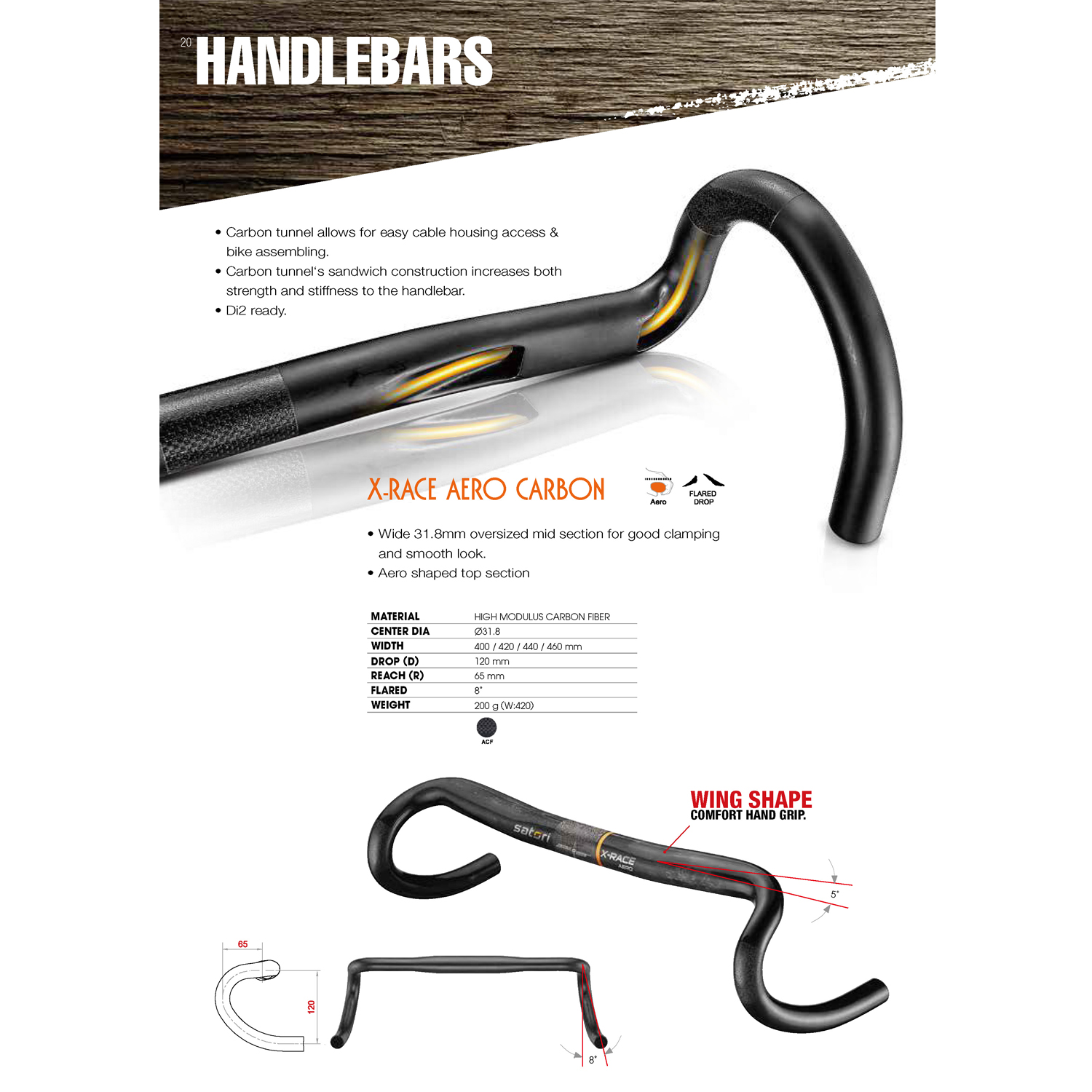 แฮนด์ถนน แฮนด์เสือหมอบ Satori X-Race Aero Carbon handlebar Reach 65 สั้นลงเอื้อมจับง่าย Drop 120 ระยะก้มน้อย มีขนาด 400 420