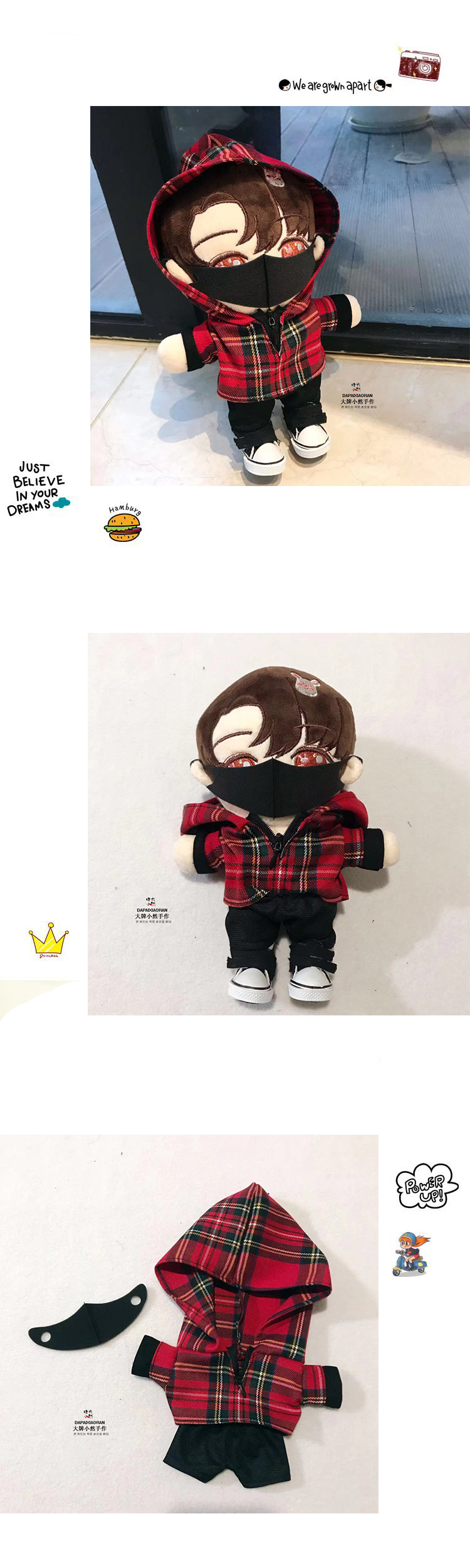 ชุดตุ๊กตา เซียวจ้าน (ฮู้ดแดงลายสก็อต+กางเกง+แมส)