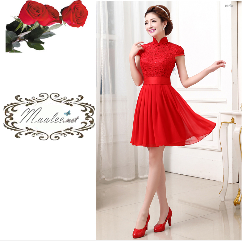 พร้อมส่ง ชุดราตรีสั้น สีแดง แขนสั้น คอจีน ลูกไม้ฉลุ กระโปรงผ้าชีฟอง