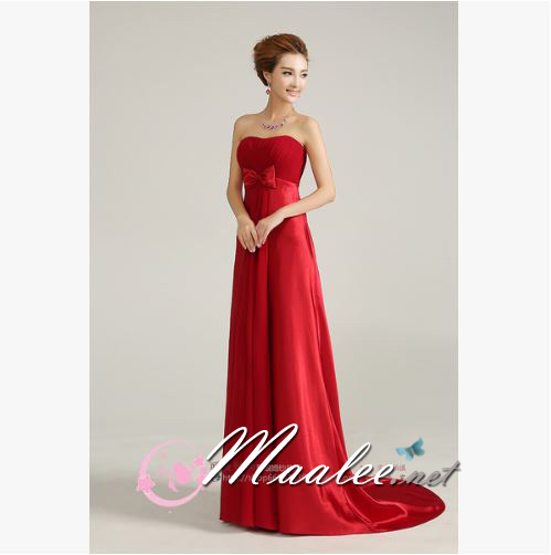 พร้อมส่ง ชุดราตรียาว เกาะอก ทรงหางปลาสีไวน์แดง อกจับจีบรอบตัวผ้าชีฟอง มีโบว์ช่วงเอว ทิ้งชายด้านหน้า กระโปรงเป็นผ้ามัน สวยหรู (ซิปหลัง)