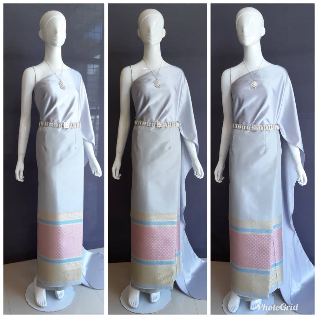 เช่า ชุดไทย ชุดเพื่อนเจ้าสาว ชุดไทยผ้าซิ่นสีเทาเงิน สไบเรียบสีเทา