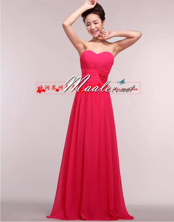 พร้อมส่ง ชุดราตรียาว แบบเกาะอก ผ้าชีฟอง ช่วงอกอัดพลีท แต่งดอกที่เอว สีชมพู Hot Pink