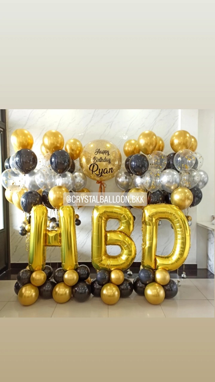 ลูกโป่ง วันเกิด Bubble ขนาด 36" กลิตเตอร์สีทอง 1 ลูก พร้อม ช่อลูกโป่งสีโครเมี่ยม ช่อ 7 ลูก 10 ช่อ,ฟอยล์ตัวอักษร 40" ตั้งฐาน 3 ชิ้น,Theme สีดำ-ทองโครเมี่ยม พร้อมตกแต่ง สามารถเปลี่ยนสีลูกโป่ง/เปลี่ยนข้อความ/เปลี่ยนขนาด/เปลี่ยนสี-ฟอยล์ตัวอักษรได้